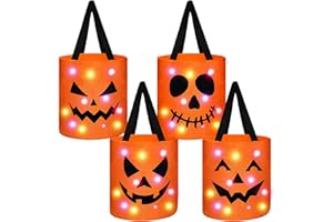 Yaomiao 4 Pcs Halloween Trick or Treat Bucket for Kids Light up Pumpkin Candy Bags LED Halloween Treating Baskets Reusable Goodie Gift Tote Bag for Party Favor Supplies(Orange)