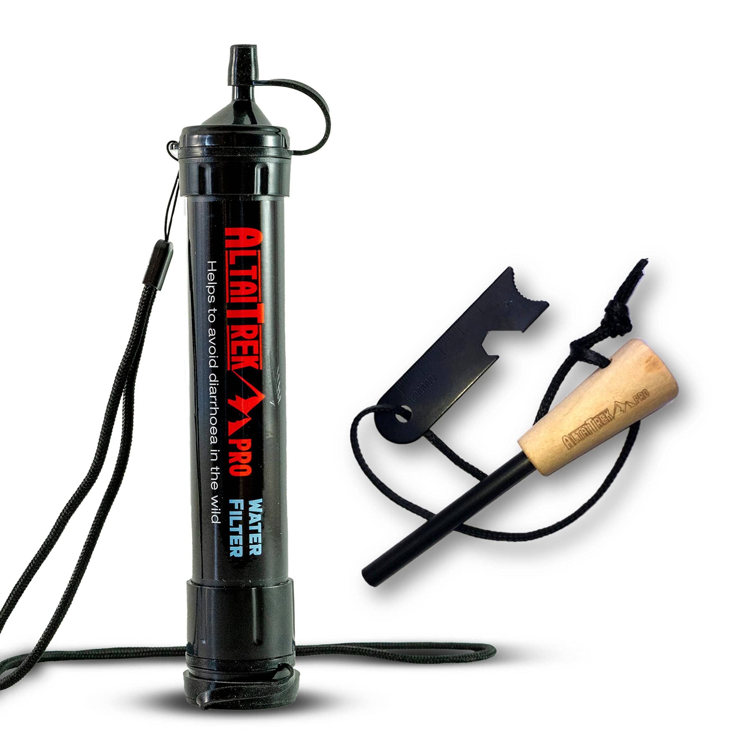 ALTAITREK PRO Bundle Filter Straw for Water and Fireproof Survival | Water Purification | For Emergencies, Outdoor Activities, Camping, Hiking | Removes Bacteria | Survival Flint