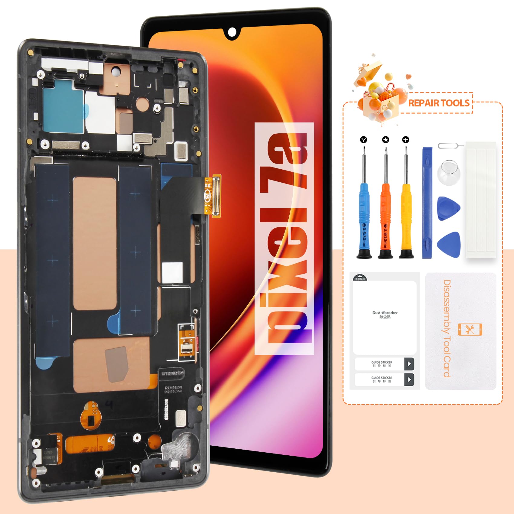 Photo 1 of OLED Screen for Google Pixel 7A Screen Replacement for Pixel 7a 5G LCD Screen GWKK3,GHL1X,G0DZQ,G82U8 Touch Display Digitizer Assembly Repair Parts with Frame(Black with Fingerprint Function
