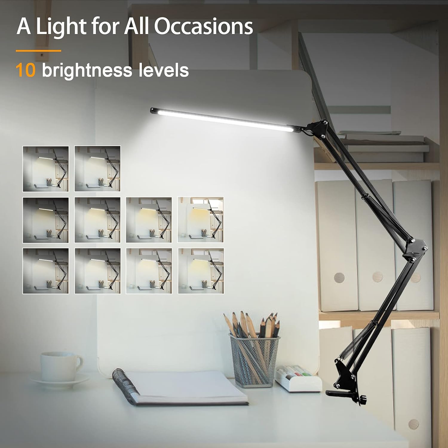 HaFundy LED Desk Lamp [Ultra-Thin Lamp Bar], Metal Swing Arm Desk Light with Clamp, Eye-Caring Desk Lamp, Architect Modern Desk Lamps, 3 Color Modes, 10 Dimmable Brightness, 12W Desk Lamps for Home Office - - 
