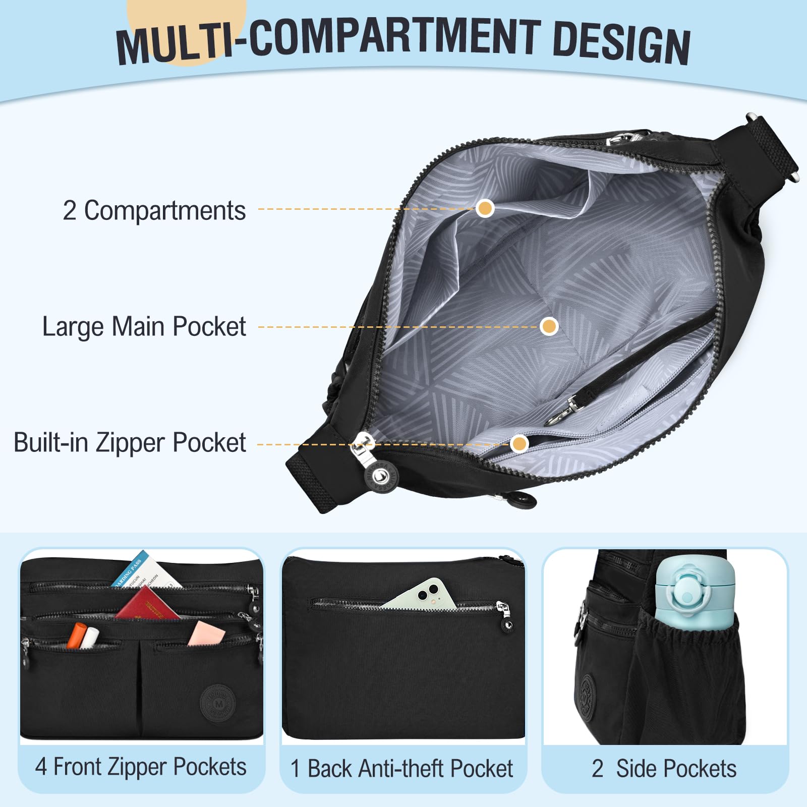 TEUEN Crossbody Bag Women's Large Capacity Waterproof Nylon Shoulder Bag Women's Medium Casual Handbag & Lightweight Shoulder Bag Large Messenger Bag with Many Compartments, black, Minimal