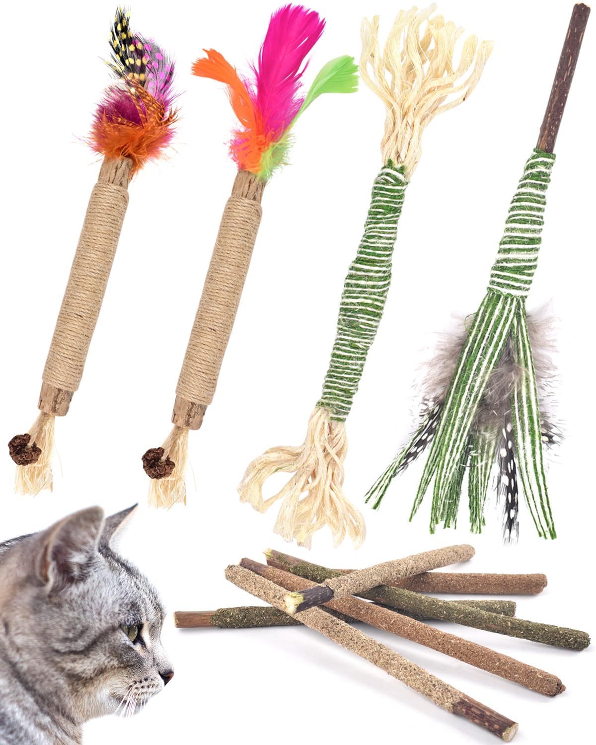 ERKOON Cat Toy, 10 pcs Kitten Chew Stick Catnip Sticks for Cat, Cat Dental Feather Kittens Teeth Toys Natural Matatabi Dental Care, Increase Appetite, Calm Anxiety and Stress