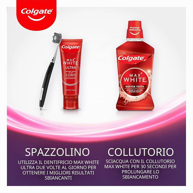 Spazzolino Manuale Colgate Max White Ultra, Sorriso Più Luminoso, Rimuove le Macchie Superficiali, Pulisce Tra i Denti, Setole ad Alta Densità, Imballaggio Riciclabile
