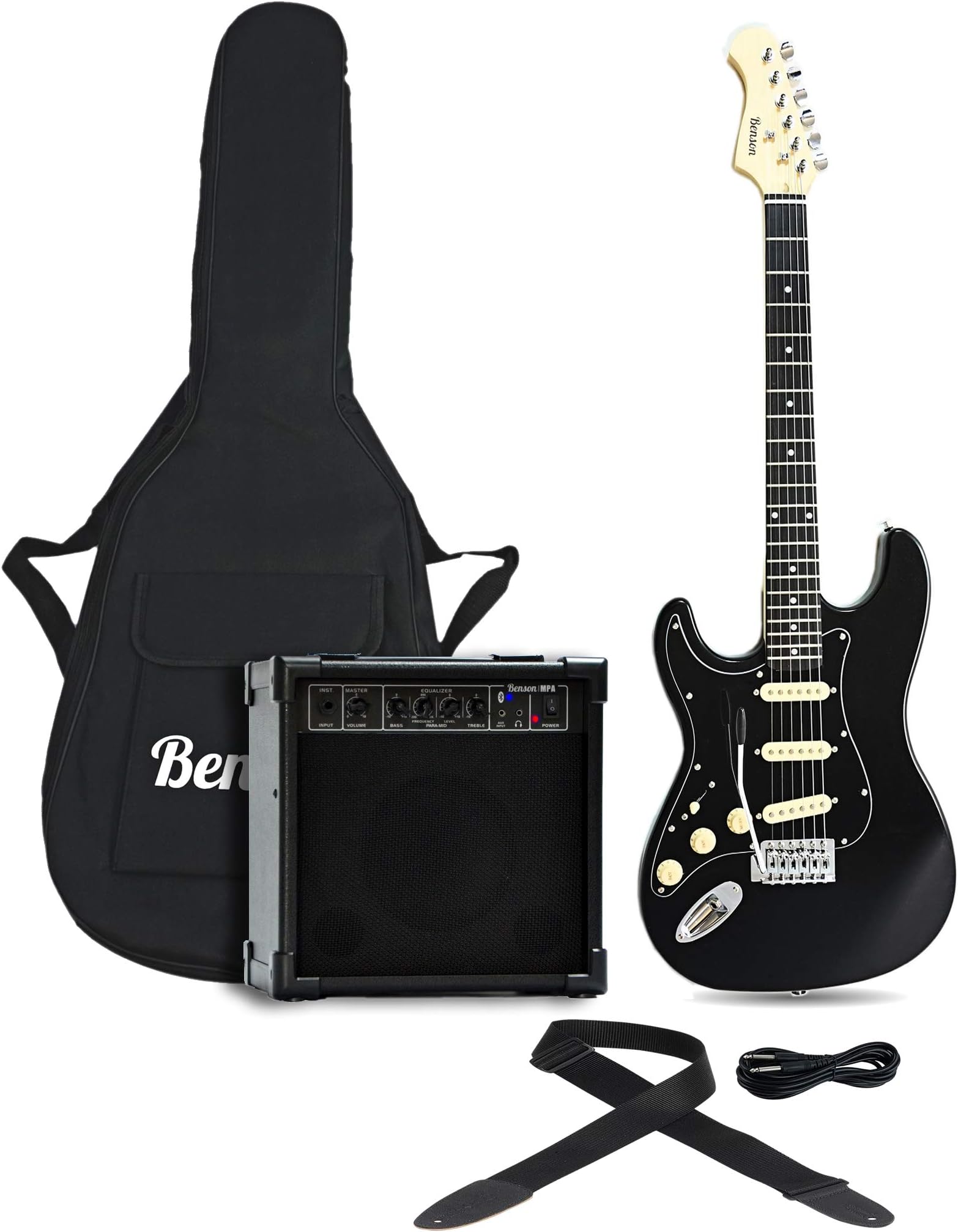 Benson Left Handed 'startz' ST metallic Crystal Black electric guitar pack with beginners bundle + 20 watt bluetooth amplifier
