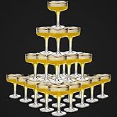 Acellegic Set of 24 Champagne Tower 7 oz Plastic Champagne Coupe Glasses Set Stackable Plastic Ribbed Martini Glasses Unbreakable Acrylic Cocktail Coupe Cups for Wedding Birthday (Glitter,Gold)