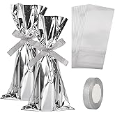 Klmnop Silver Mylar Wine Gift Bags with Bow Ribbons - Christmas Metallic Wine Bottle Wrapping Bags 8.3x16.1 inch for Holiday Party Home Decor - Pack of 50(Silver)