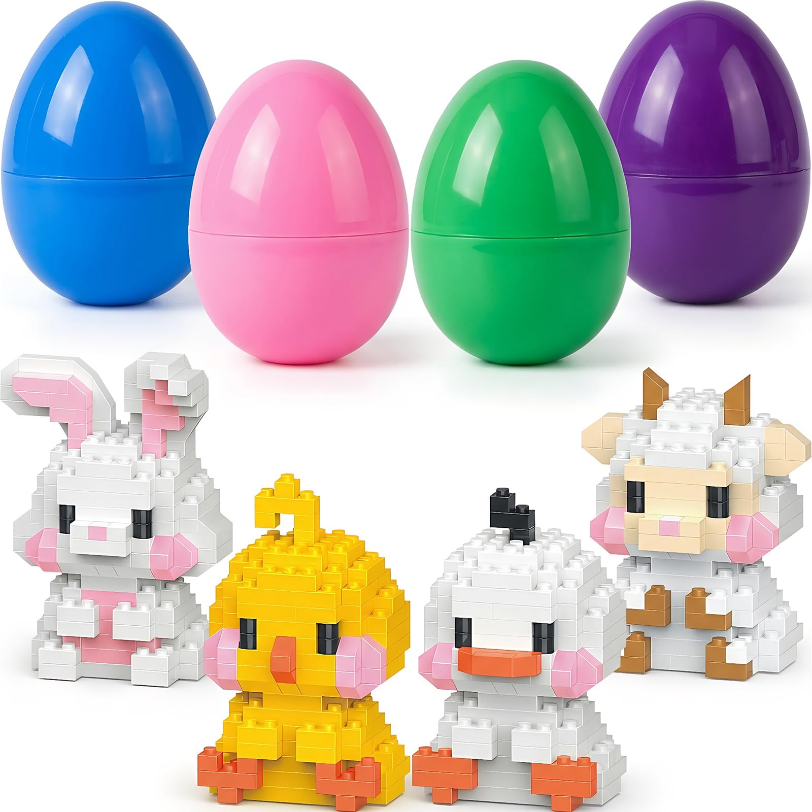 Canscci 4 Pack Prefilled Easter Eggs with Mini Building Blocks Toys, Bunny Chick Duck Sheep, Easter Basket Stuffers Egg Fillers Gifts for Kids Ages 6+