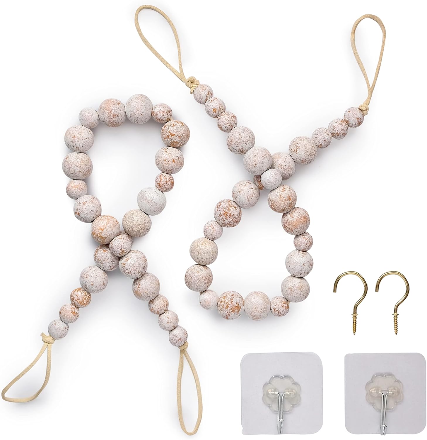 Window Treatment Hardware - Wood Bead Curtain Tieback Set of 2, Boho Curtain Holdback, Wooden Rope Curtain Tie Back Hooks, Farmhouse Curtain Pull Back, Curtain Holder, Curtain Tie Drape Beaded Curtain Tieback White Washed