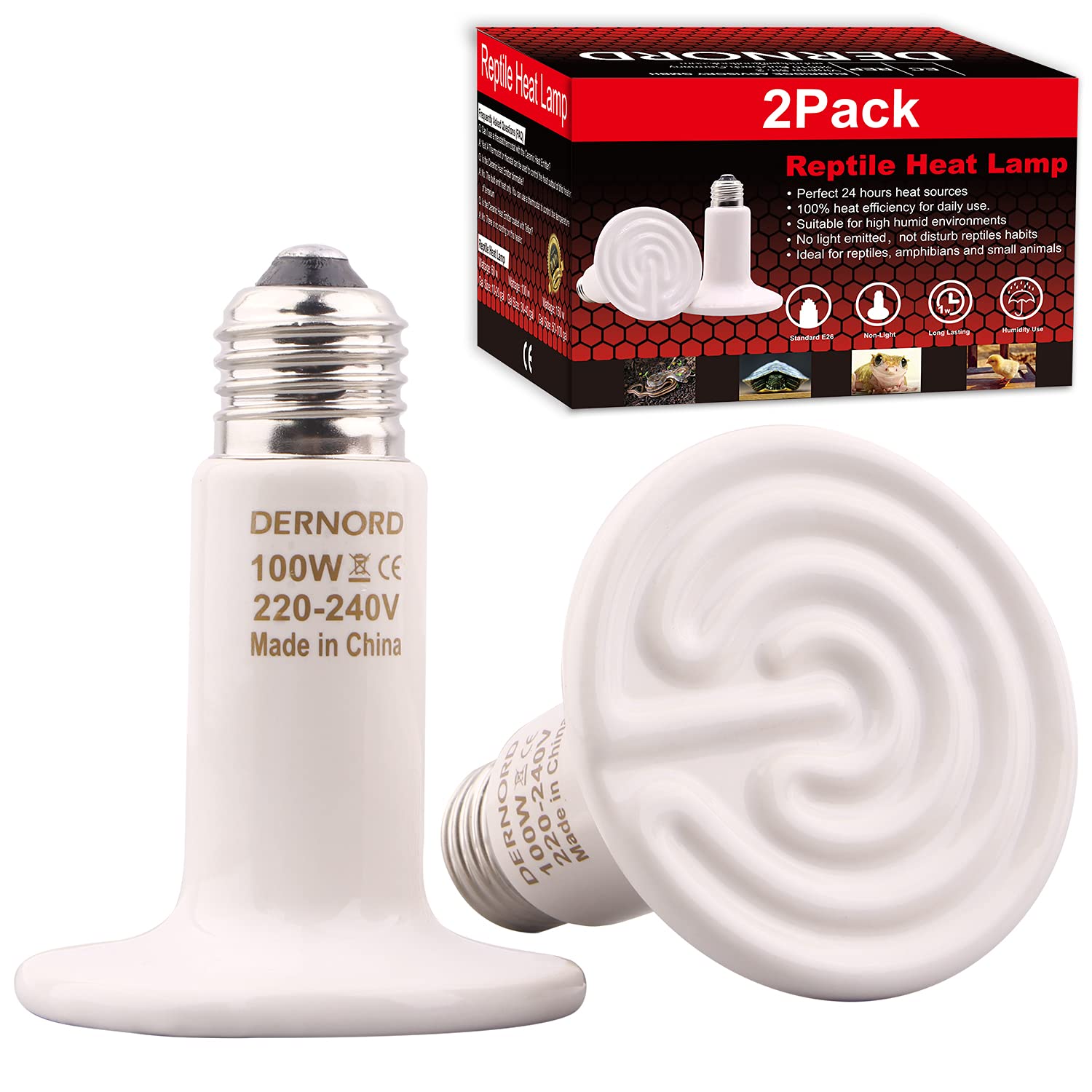 DERNORD Ceramic Heat Emitter 100W - 2 Pack E27 Vivarium Ceramic Heat Lamp Light Bulb for Reptile Bearded Dragon Lizard Snake Outside Tortoise Brooder White