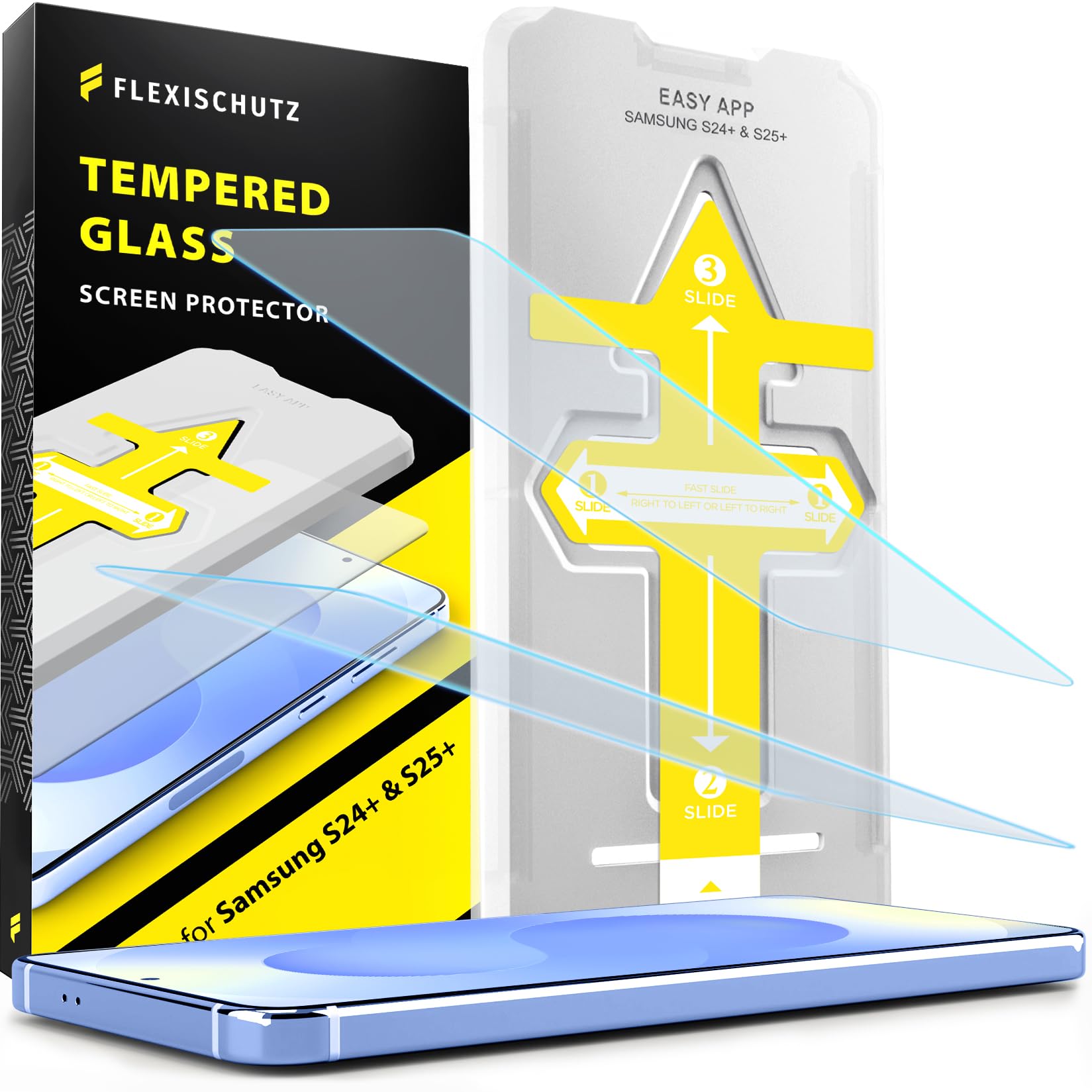Photo 1 of FlexiSchutz® for Samsung Galaxy S24 PLUS/ S25 PLUS Screen Protector with Installation Tool, Tempered Glass for Samsung S25 PLUS/ S24 PLUS Screen Protector, HD Clarity, Buble Free Anti Scratch [2 Pack]