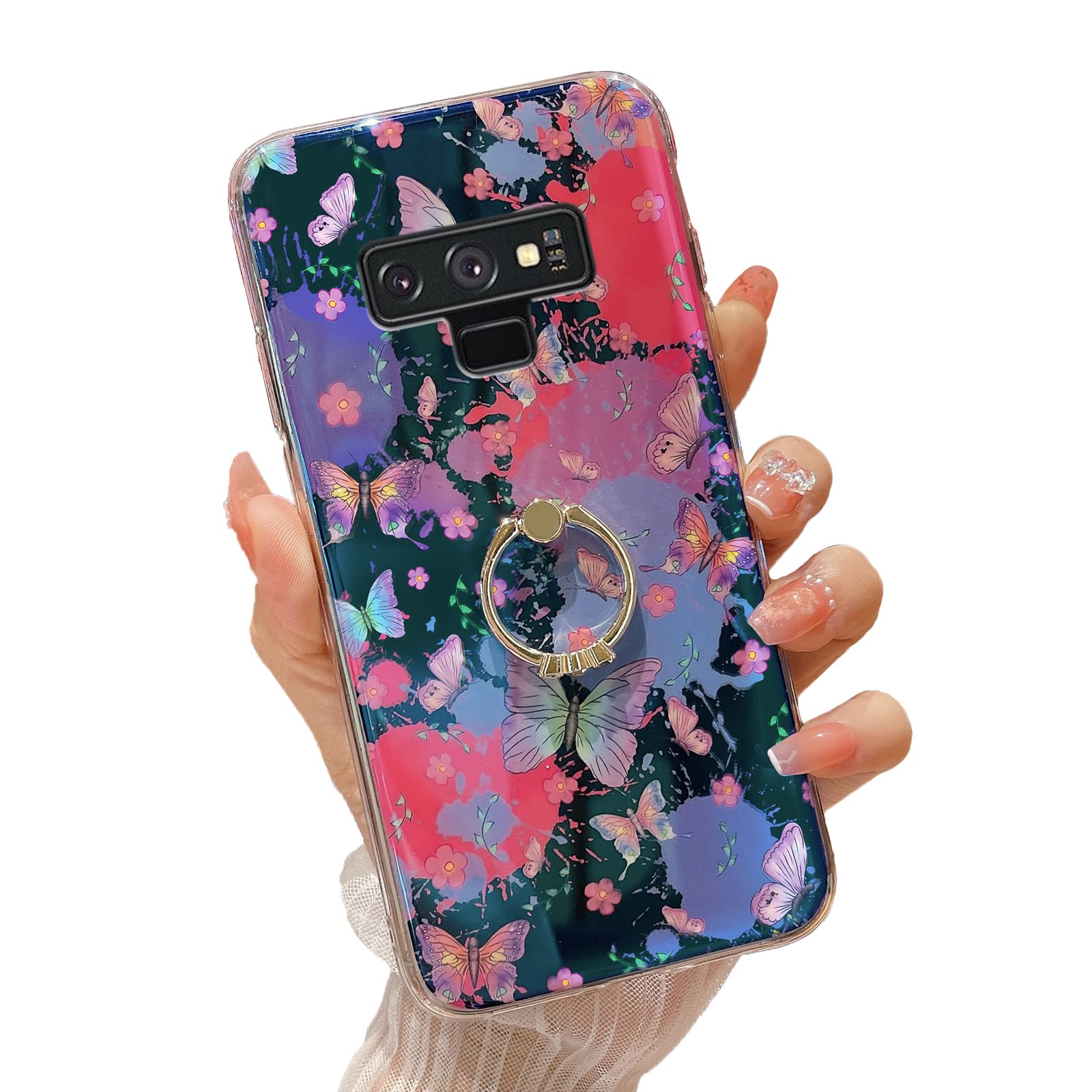 Photo 1 of Easyscen for Samsung Galaxy Note 9 Case (2018) Cute Girls Women Shockproof Protective Cover with Gold Ring Kickstand Phone Case - Colorful Butterfly