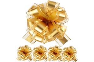 5 PCS 7 inches Large Pull Bows Wrapping Pull Bow Ribbon，Gold Gift Wrap Bows for Gift Wrapping Baskets Wedding or Flower Decor