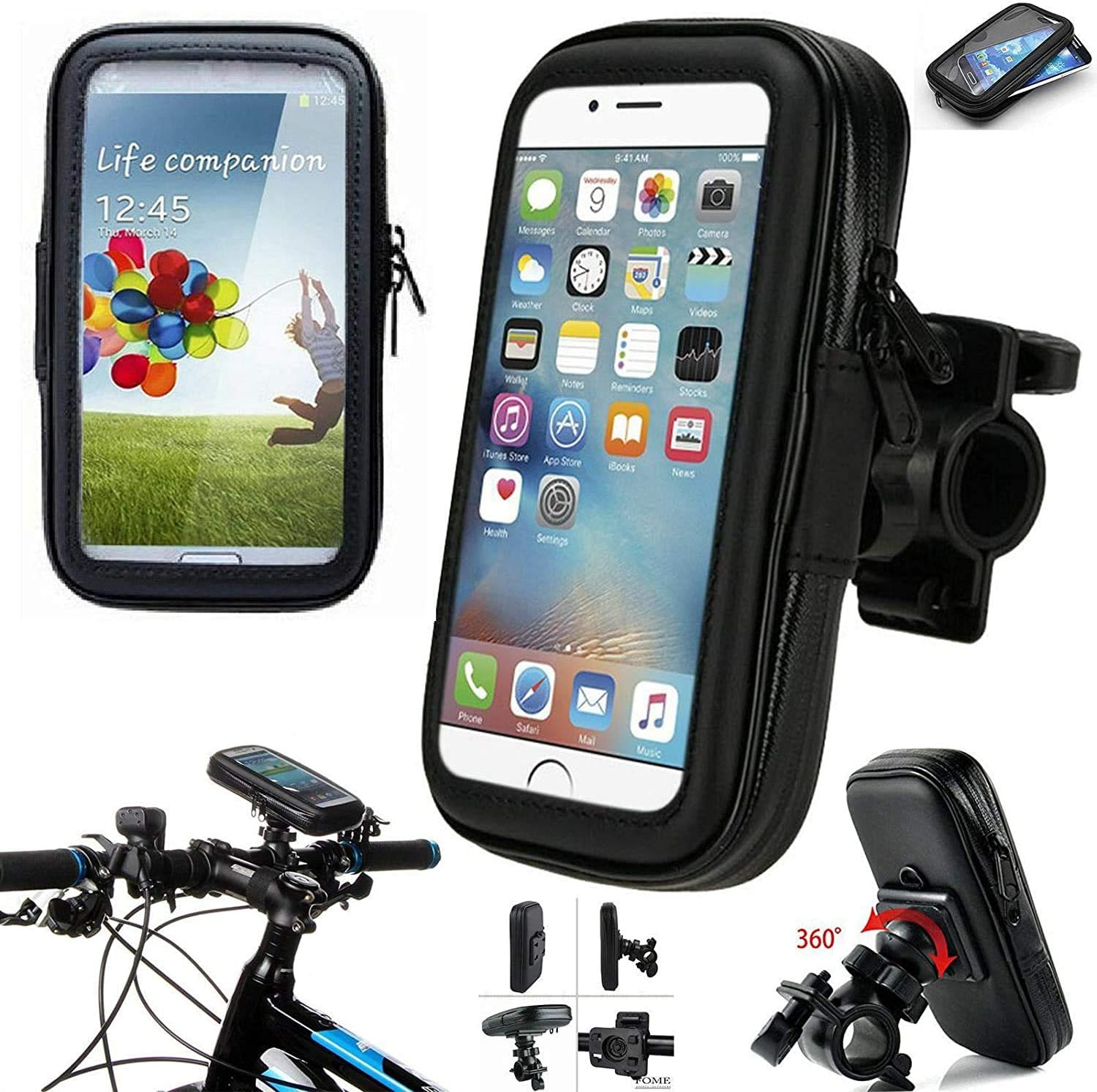 TechDealsUKWaterproof Bicycle Handle Bar Bike Mount Cycle Case Rotating Cycling Motorcycle GPS Holder For Samsung Galaxy Note 8/9 S8/S9 Plus Apple iPhone 6/6s/7/8/X Plus
