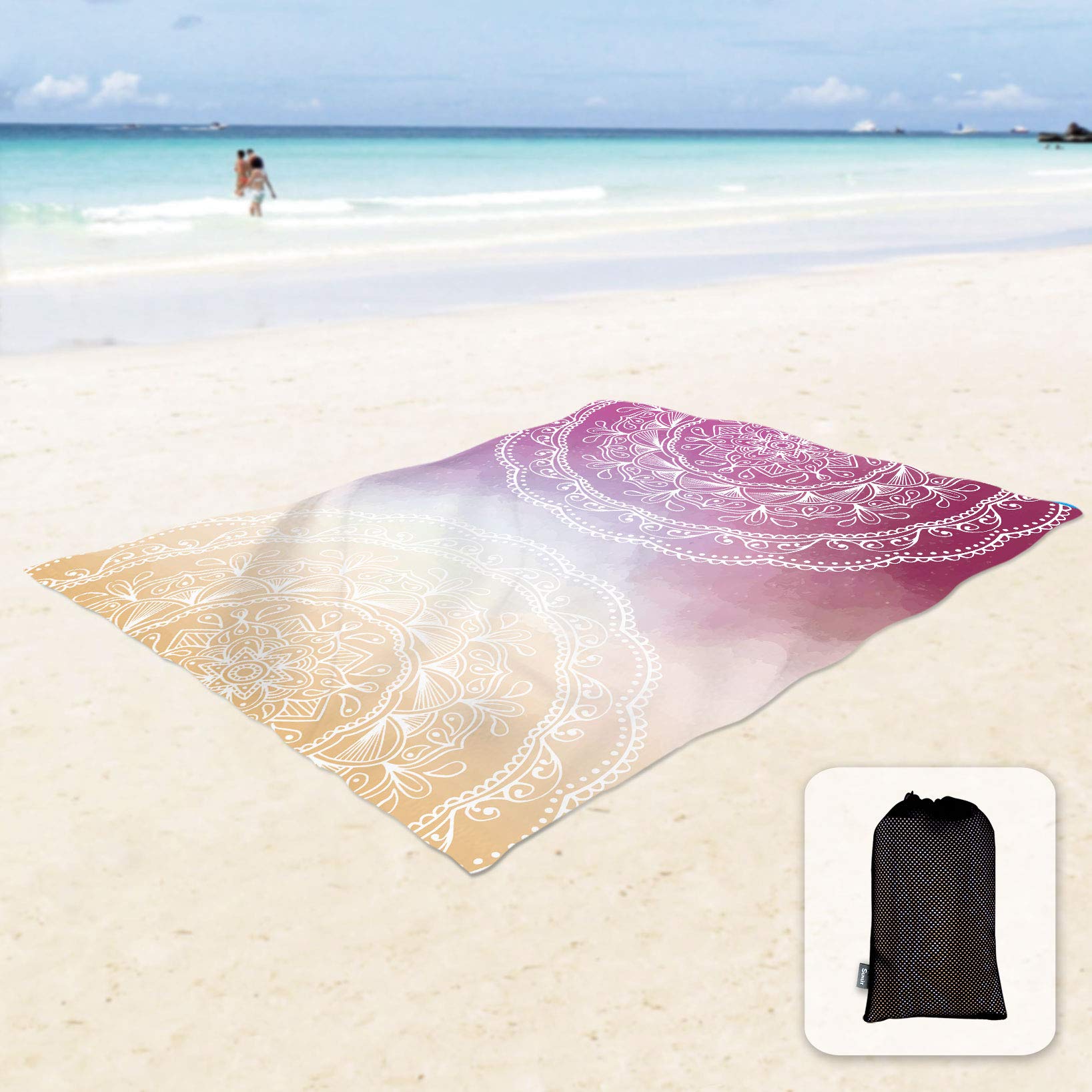 Sunlit Silky Soft 85"x72" Boho Sand Proof Beach Blanket Sand Proof Mat with Corner Pockets and Mesh Bag for Beach Party, Travel, Camping and Outdoor Music Festival, Orange Purple Mandala
