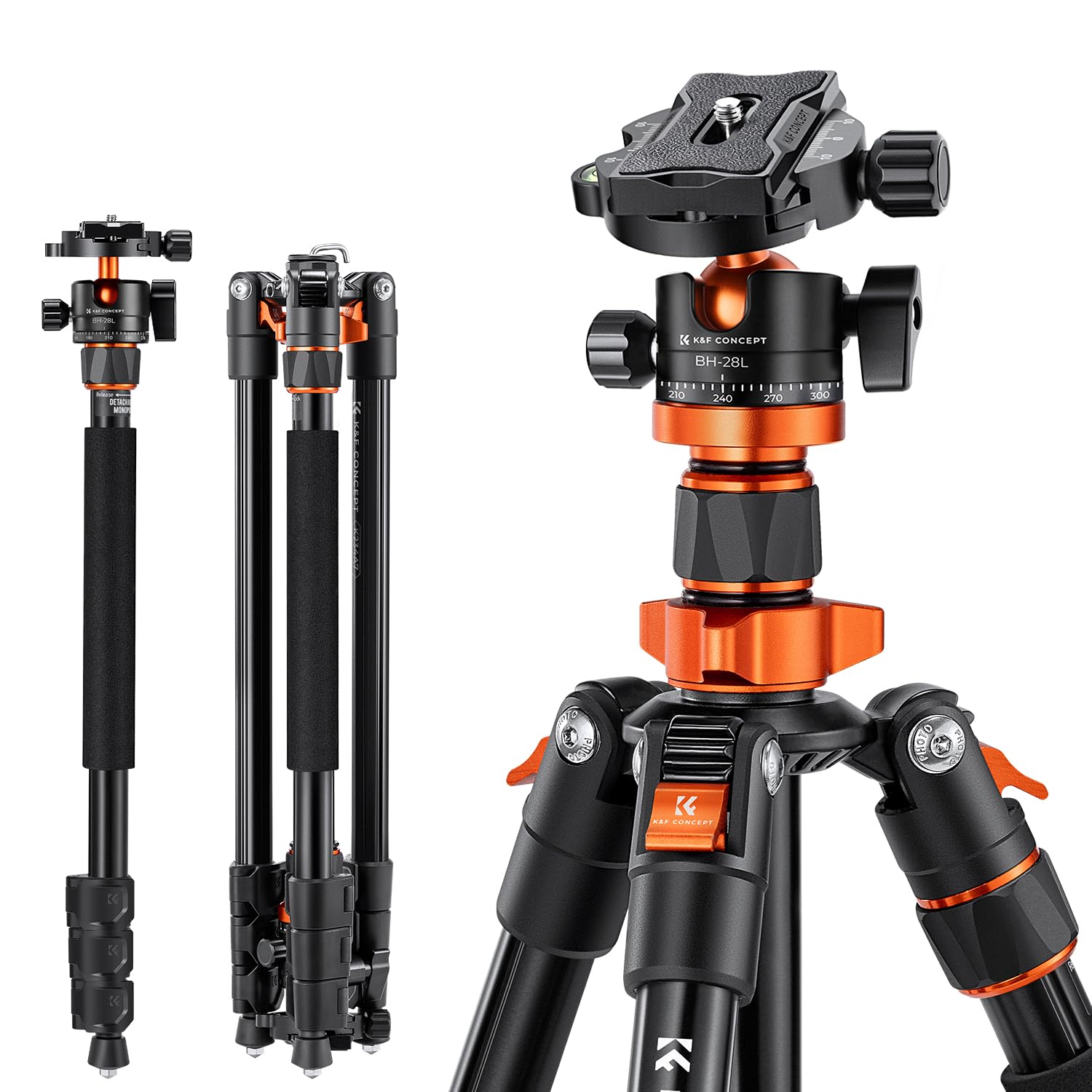 K&F CONCEPT 79" Camera Tripod, Camera Stand & Monopod with Ball Head, 1/4" Screw QR-Plate, 1/4" Thread Hole, Travel Tripod for DSLR, Camera, Load capacity 10kg, O234A7+BH-28L