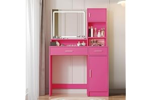 MIRROTOWEL Vanity Desk with Mirror and LED Light Strip,Dressing Table with Large Drawer, 3 Level Storage Dresser & 3 Lighting Modes Adjustable Brightness, Suitable for Bedroom (Rose Pink)