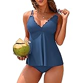 ANFILIA Two Piece Tankini Swimsuits for Women Scallop Trim V Neck Tankini Top with Bottom Tummy Control Bathing Suit