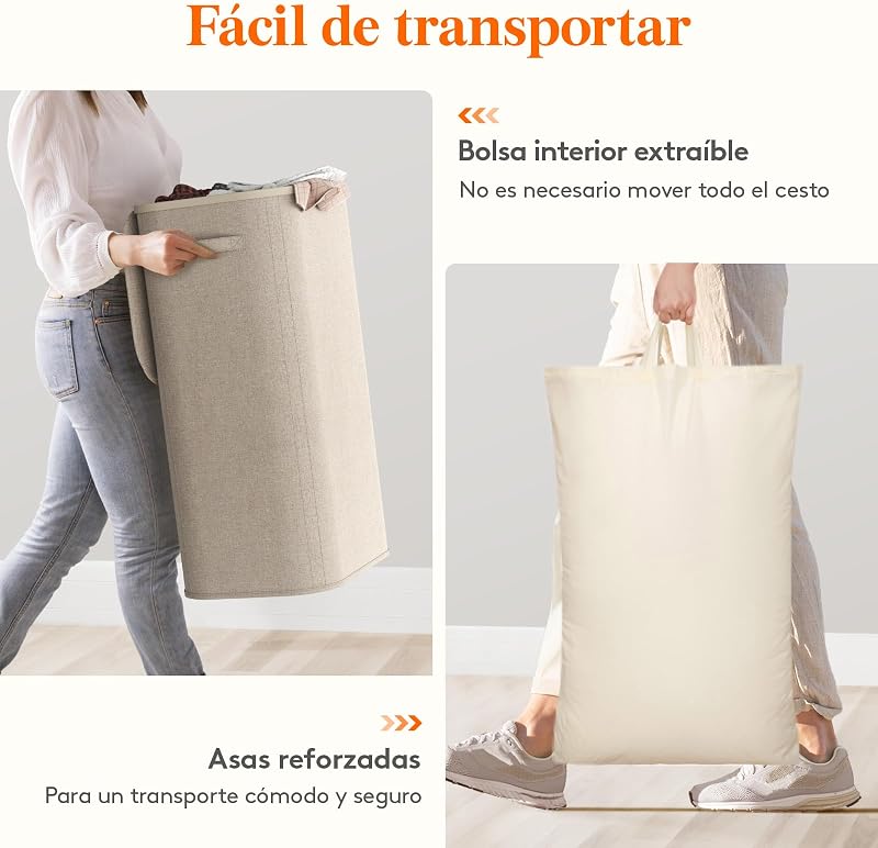 Cesto da roupa suja, cesto dobrável com saco e pega removíveis, balde de roupa com tampa, cesto de roupa para quarto, casa de banho, lavandaria, quarto, 105 L, bege
