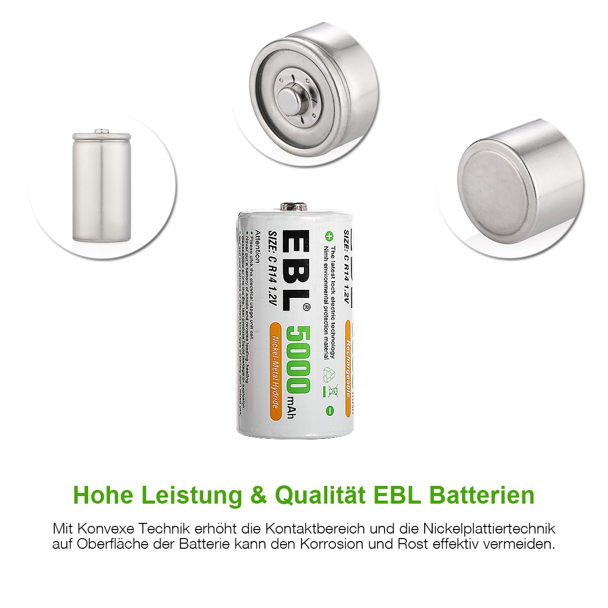 EBL 5000mAh Baby C Akkus mit hoher Kapazität Ni-MH wiederaufladbare Akkus 4 Stück