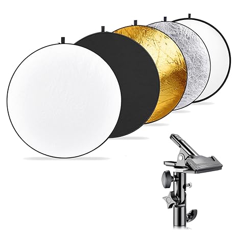Neewer Lichtreflektor Fotografie 5-in-1 Faltreflektor (110 Zentimeter) mit metallischer Klemmhalter für Studio-Aufnahmen, zus