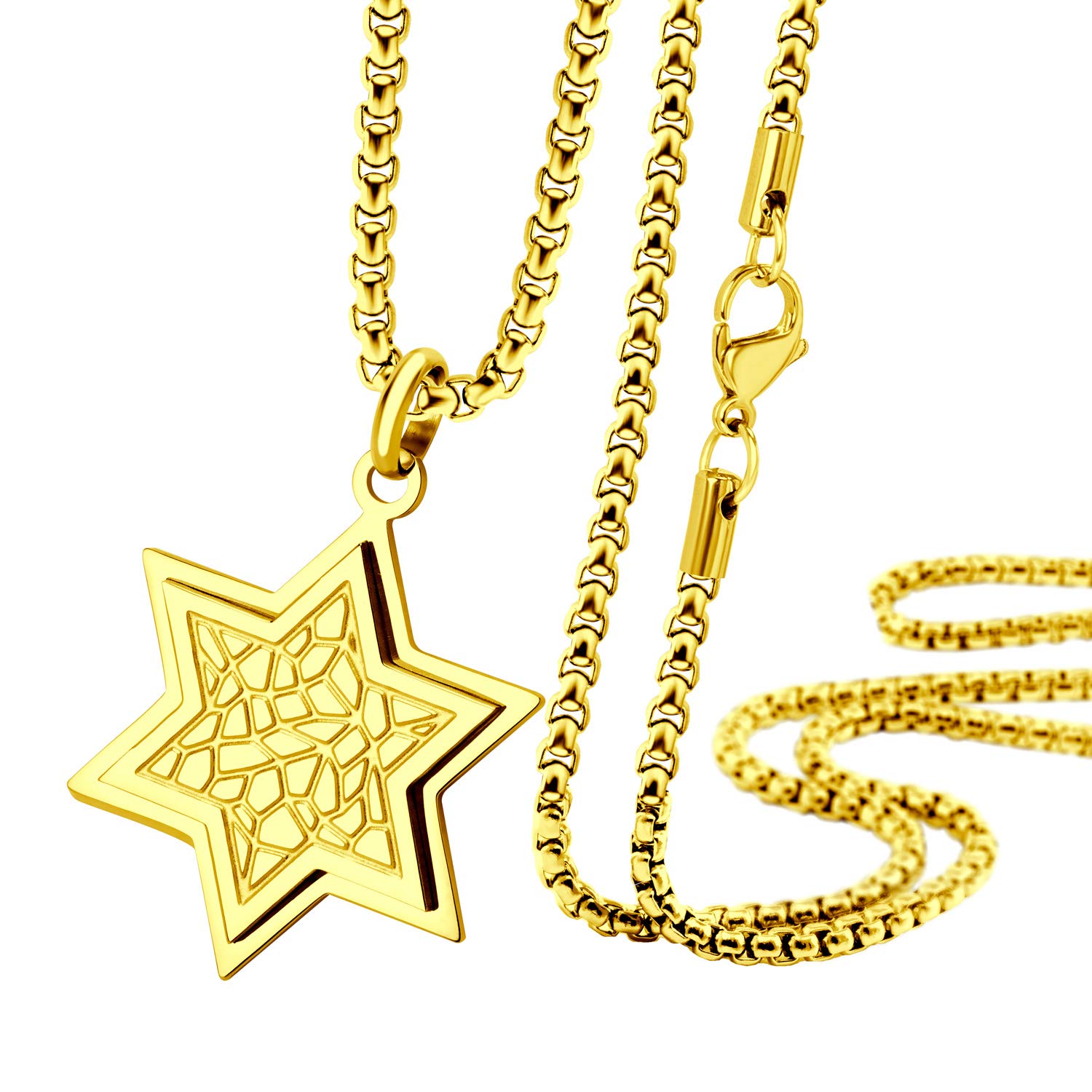 555Jewelry Stainless Steel Star of David Necklace for Men & Women, Box Chain Patterned Star Of David Necklace for Women, Small Jewish Star Necklace, Mens Jewish Star Necklace, 20 Inch, Gold