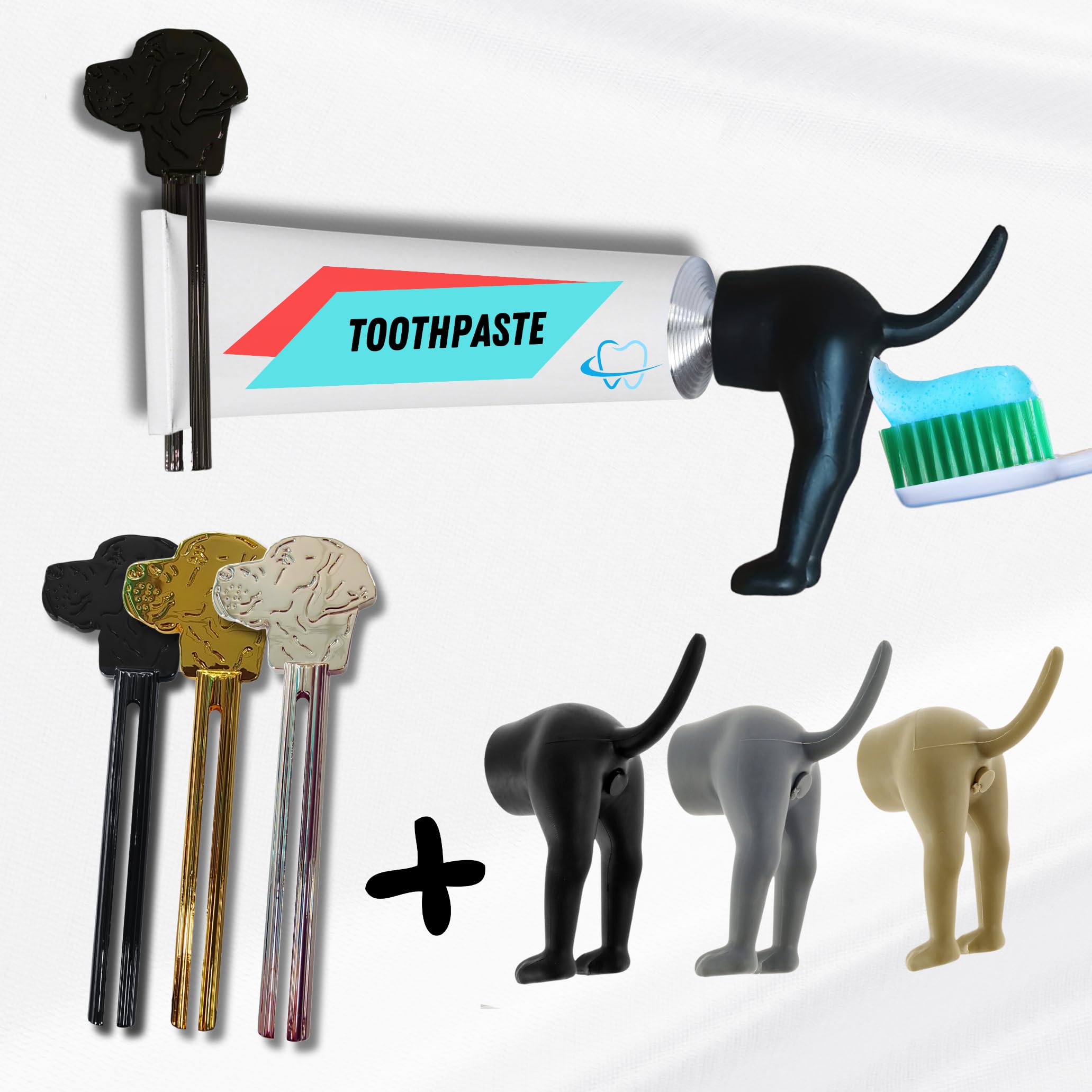 Photo 1 of 6-Piece Set – 3 Funny Dog Toothpaste Caps (Silicone Material) + 3 Pcs Squeezer Toothpaste Tubes, Metal Tube Squeezer | Ideal for Toothpaste/Cream | Funny Gifts & Bathroom Accessories