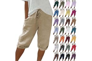 SHUSUEN Linen Shorts for Women Knee Length Bermuda Shorts Drawstring Elastic Waist Shorts Casual Athletic Shorts Beach Shorts