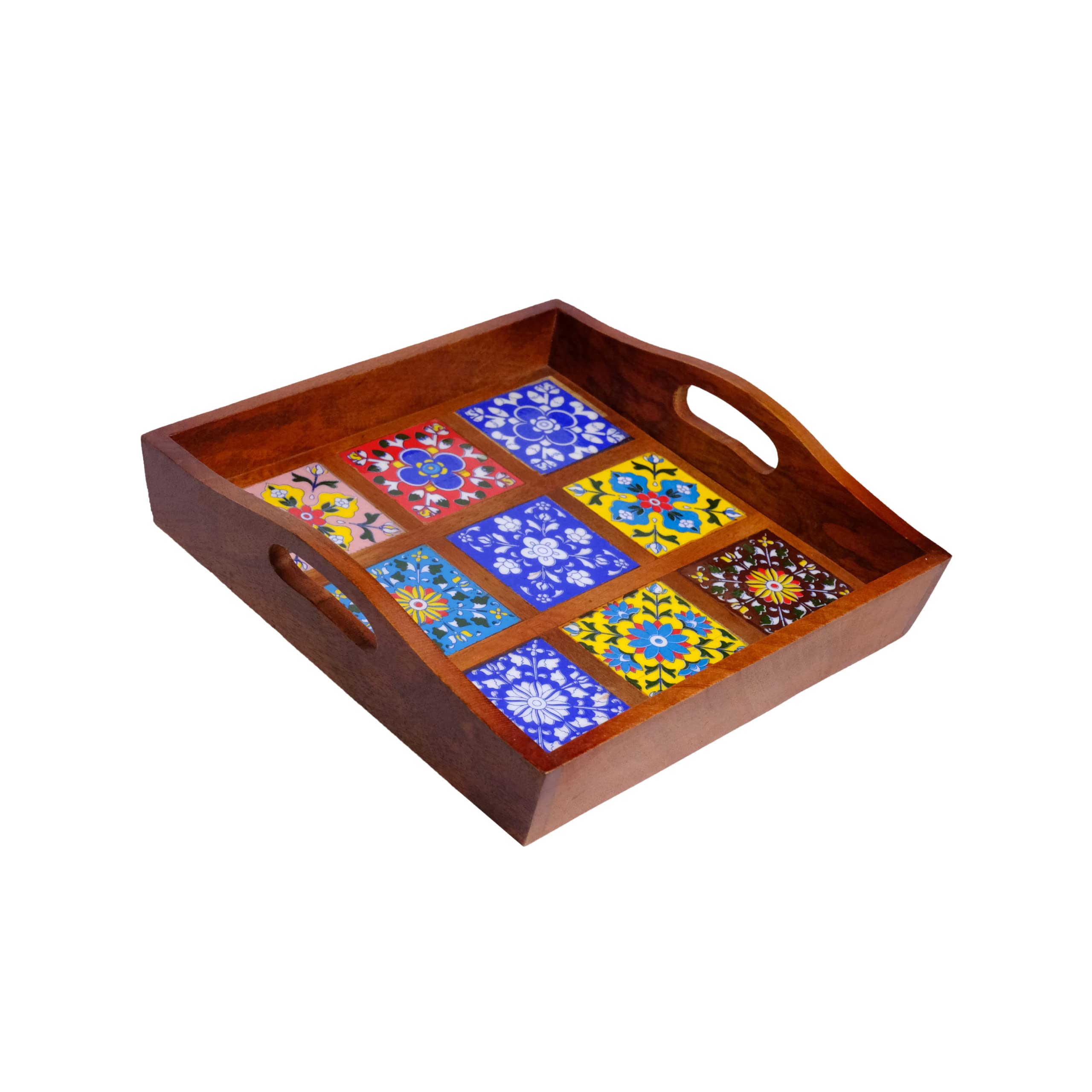 Craft Trade Mango Wood Serving Tray with Handle and 9 Fitted Floral Ceramic Tiles Wooden Platters Perfect for Breakfast Tea Coffee Snacks Dinner 30x30x8 cm