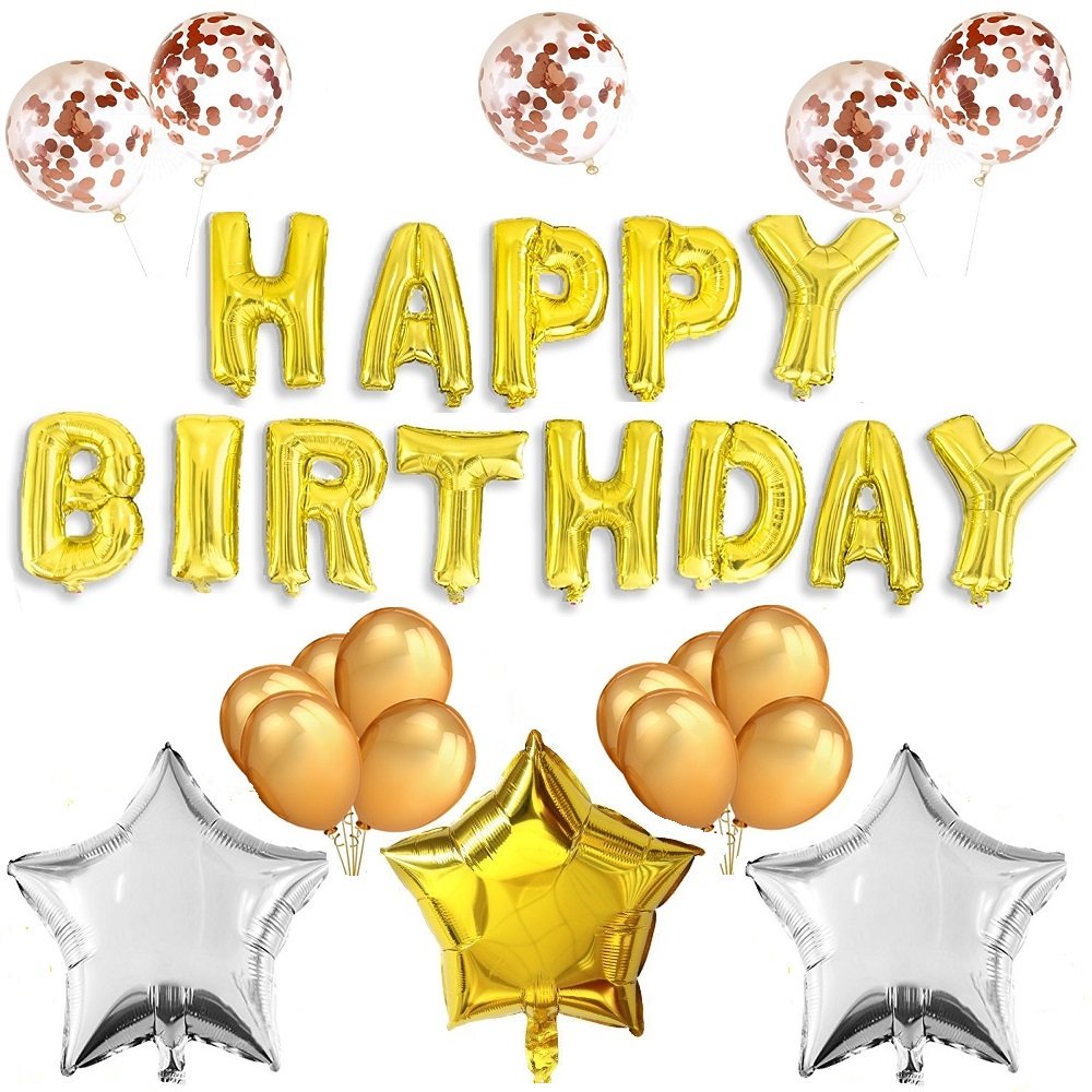 ShineU 36pcs Party Balloons Include 13pcs Happy Birthday Letters Foil Balloons, 3pcs Mylar Star Balloons, 5pcs Confetti Filled Balloons, 15pcs Latex Balloons, Perfect Decoration for Parties Birthday