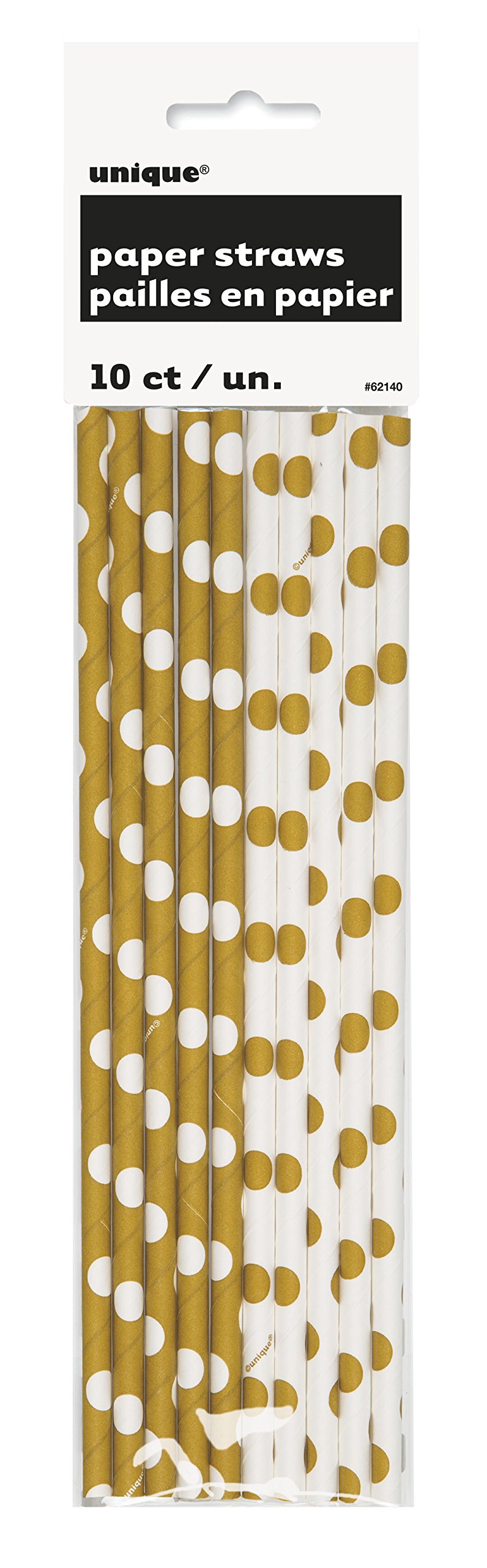 Unique Party 62140 - Gold Polka Dot Paper Straws, Pack of 10