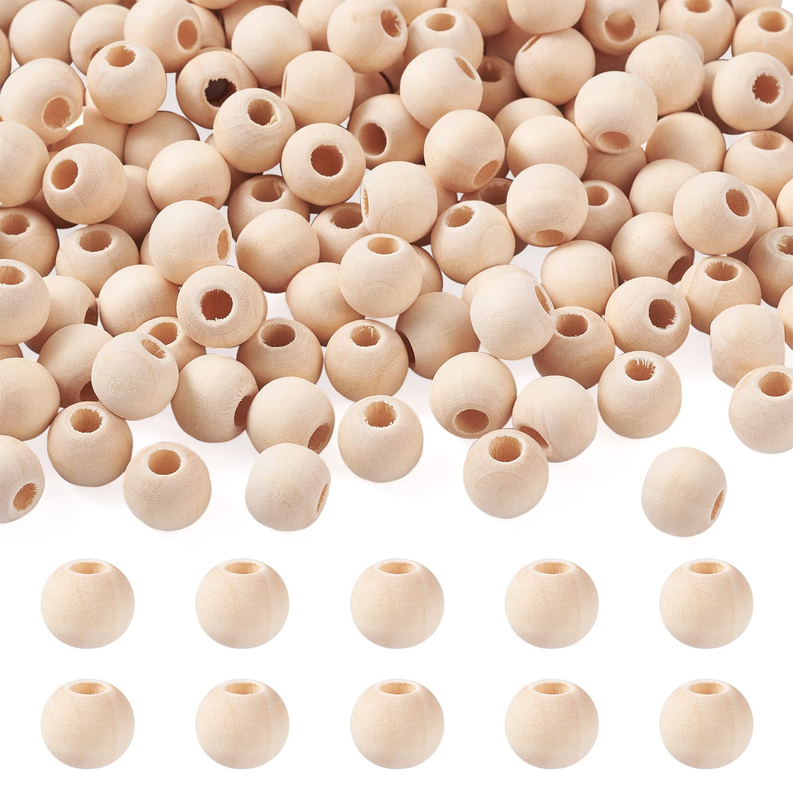 PandaHall 200pcs 10mm Natural Round Wood Beads Large Hole Unfinished Wooden Ball Spacer Loose Beads with 4mm Hole for Crafts DIY Handmade Decorations Jewelry Making, Antique White
