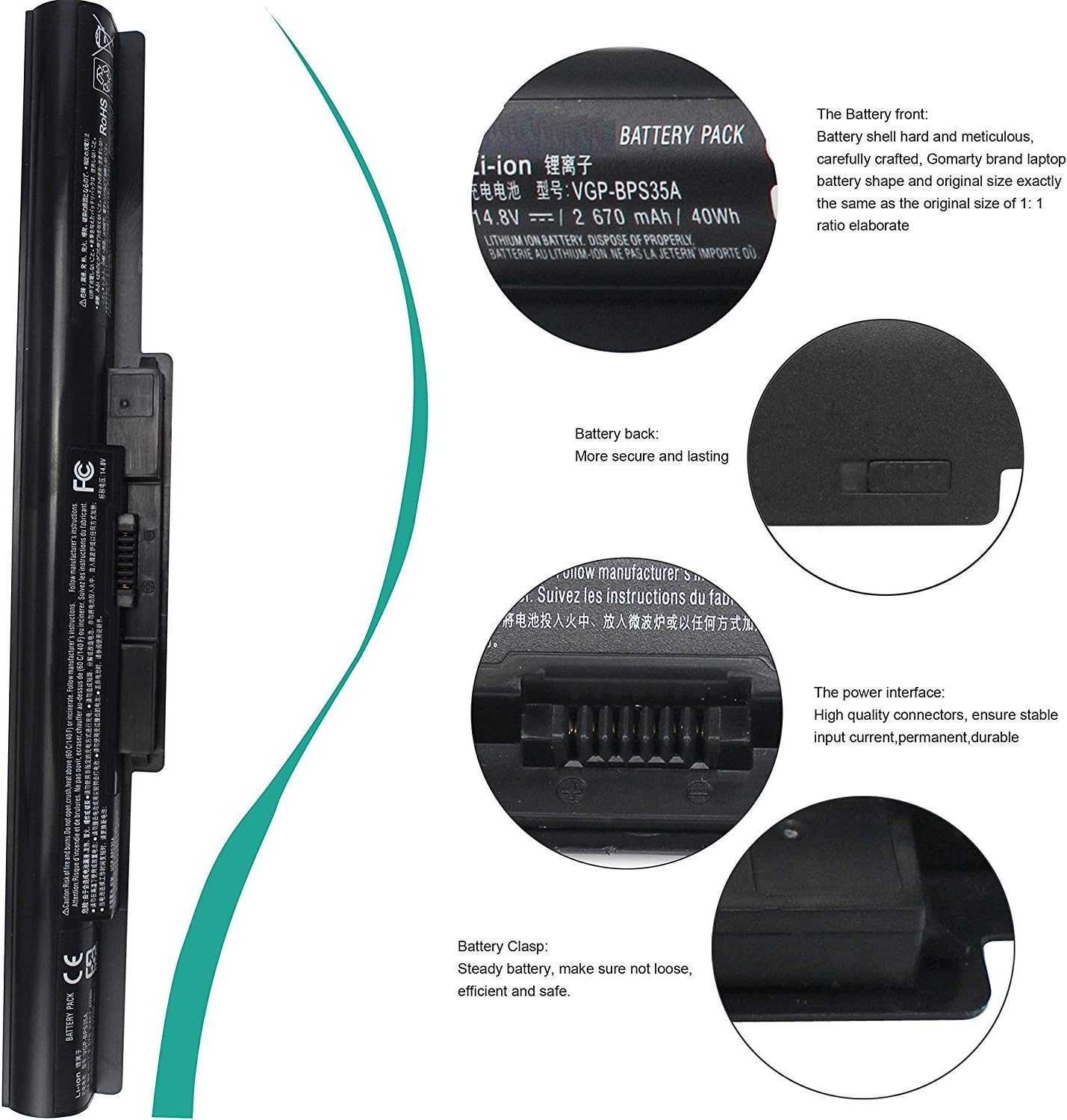 VGP-BPS35A VGP-BPS35 Laptop Battery Replacement for Sony VAIO E341239 SVF152C29M SVF142C29M SVF1521A1EW SVF1521A2E SVF1521A2EB SVF15217SC SVF14215SC SVF15218SC SVF15216SC SVF14316SCW (14.8V 40Wh) - Image 5