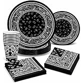 Oojami Serves 24 Complete Party Pack Black Bandana Western Party Supplies 9" Dinner Paper Plates 7" Dessert Paper Plates 12 oz Cups, 48-3 Ply Napkins Black Bandana Western Birthday Party Supplies