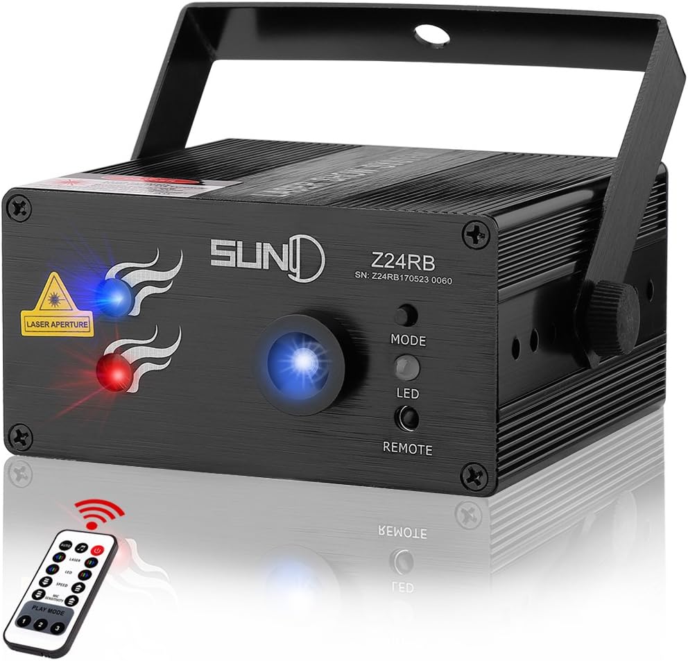 SUNY Laser Lights DJ Music Laser Projector 24 Combinations Patterns Red Blue Laser Light Blue LED Sound Active Remote Control Stage Lighting for Party Home Decoration Carnival Holiday Dance Bar Show