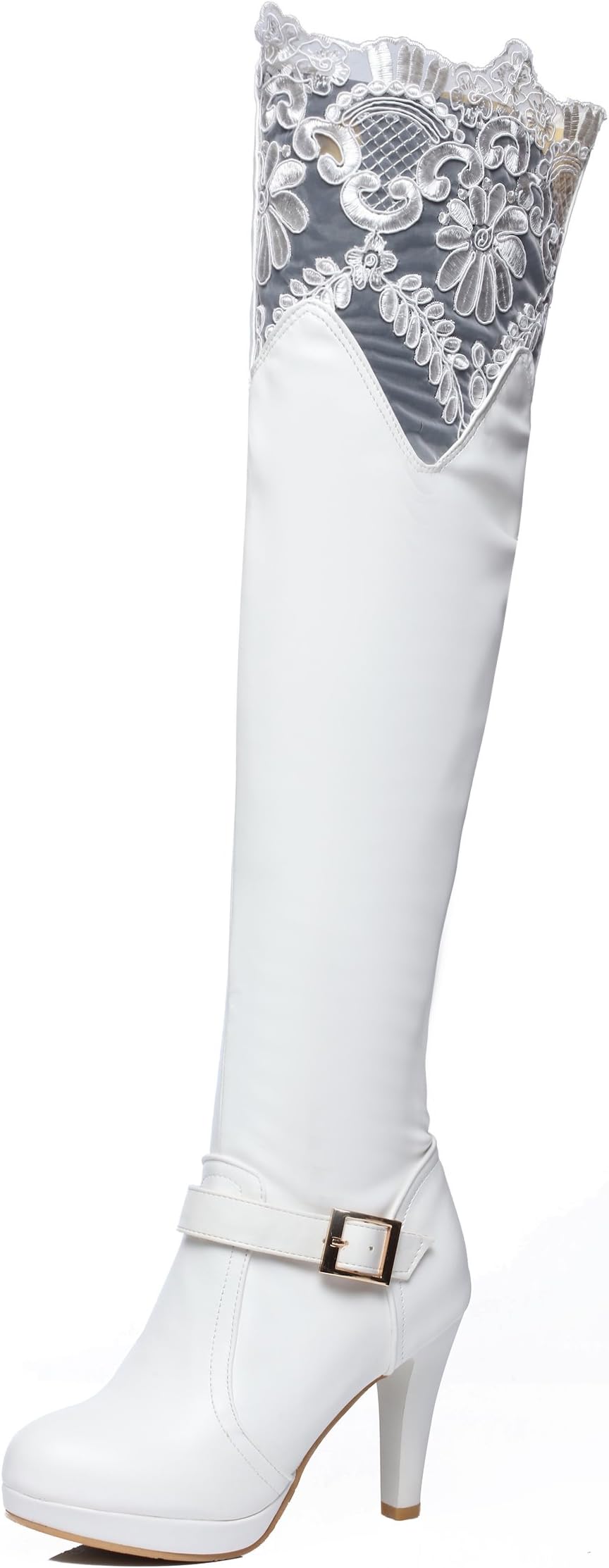 JIAME Ladies Womens Sexy Bud Silk Lace Over The Knee Thigh High Platform Heel Stretch Boots