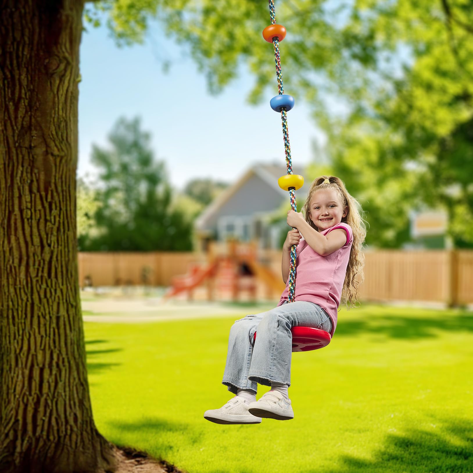 Jungle Gym Kingdom Tree Swing for Kids - Single Disc Seat and Rainbow Climbing Rope Set w/Carabiner and 4 Foot Strap - Treehouse and Outdoor Playground Accessories - Red