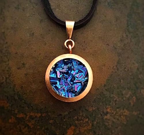 Amazon Com Blue Crystal Bismuth Necklace With Copper And Black Leather Handmade blue crystal bismuth necklace with copper and black leather