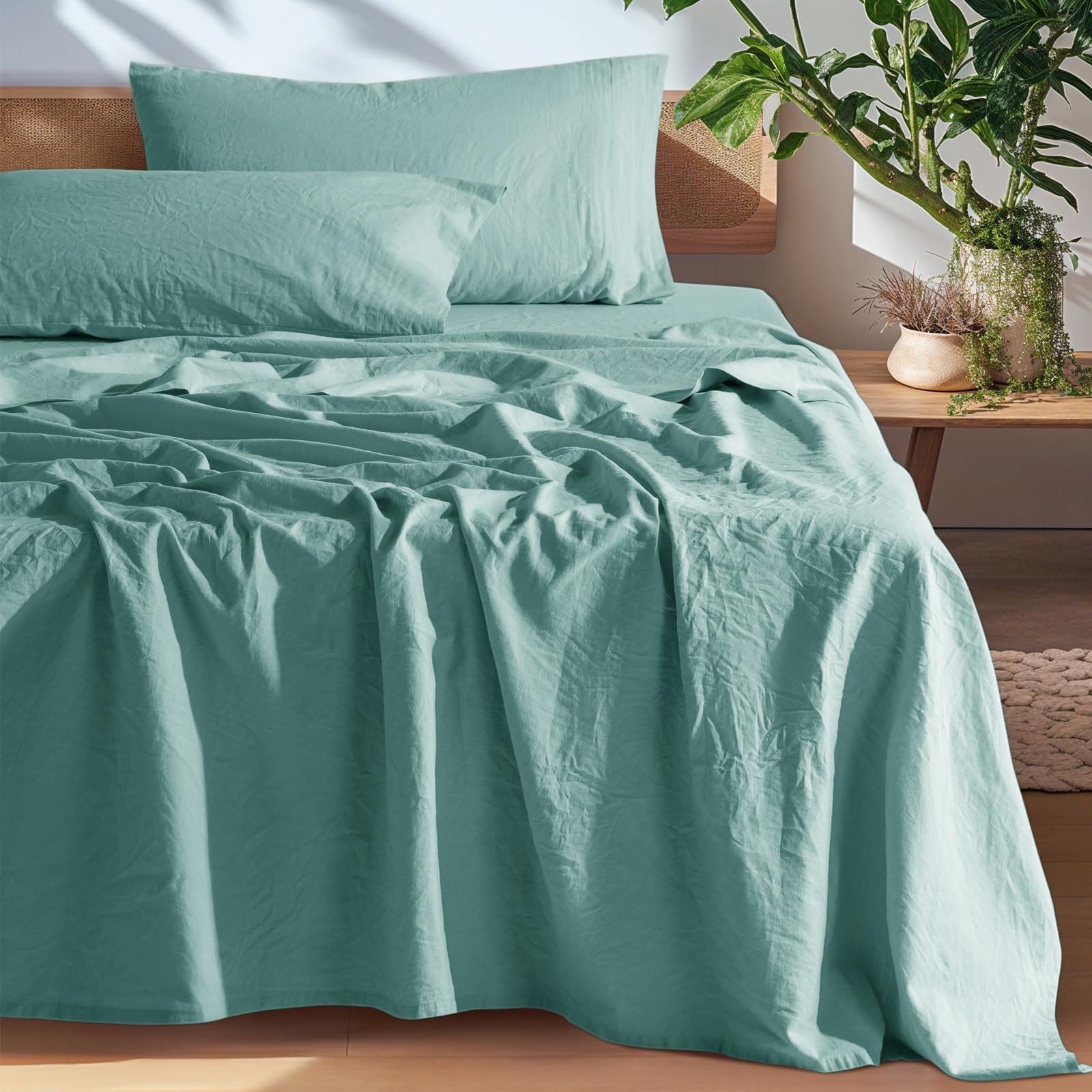 Photo 1 of SONORO KATE 100% French Pure Linen Sheets, Breathable and Durable Linen Sheets, Anti-Tear Linen Bed Sheets, Machine Washable, 16 Inch Deep Pocket - 4 Piece (Aqua, California King)