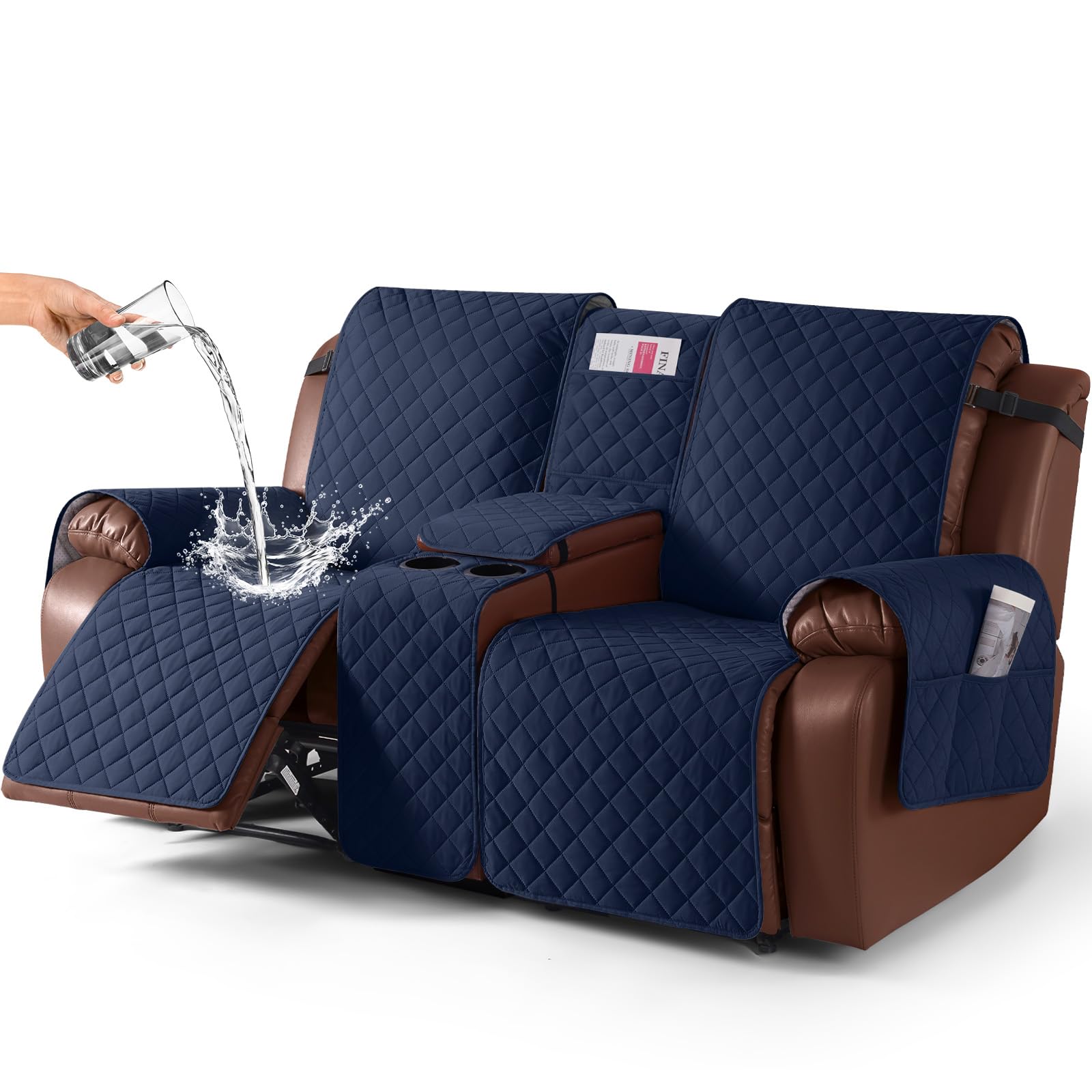 Photo 1 of KinCam 100% Waterproof Loveseat Recliner Cover with Console, Non-Slip Reclining Couch Covers for 2 Seat, Recliner Couch Cover Furniture Protector with Elastic Straps for Kids, Pets, Dark Blue