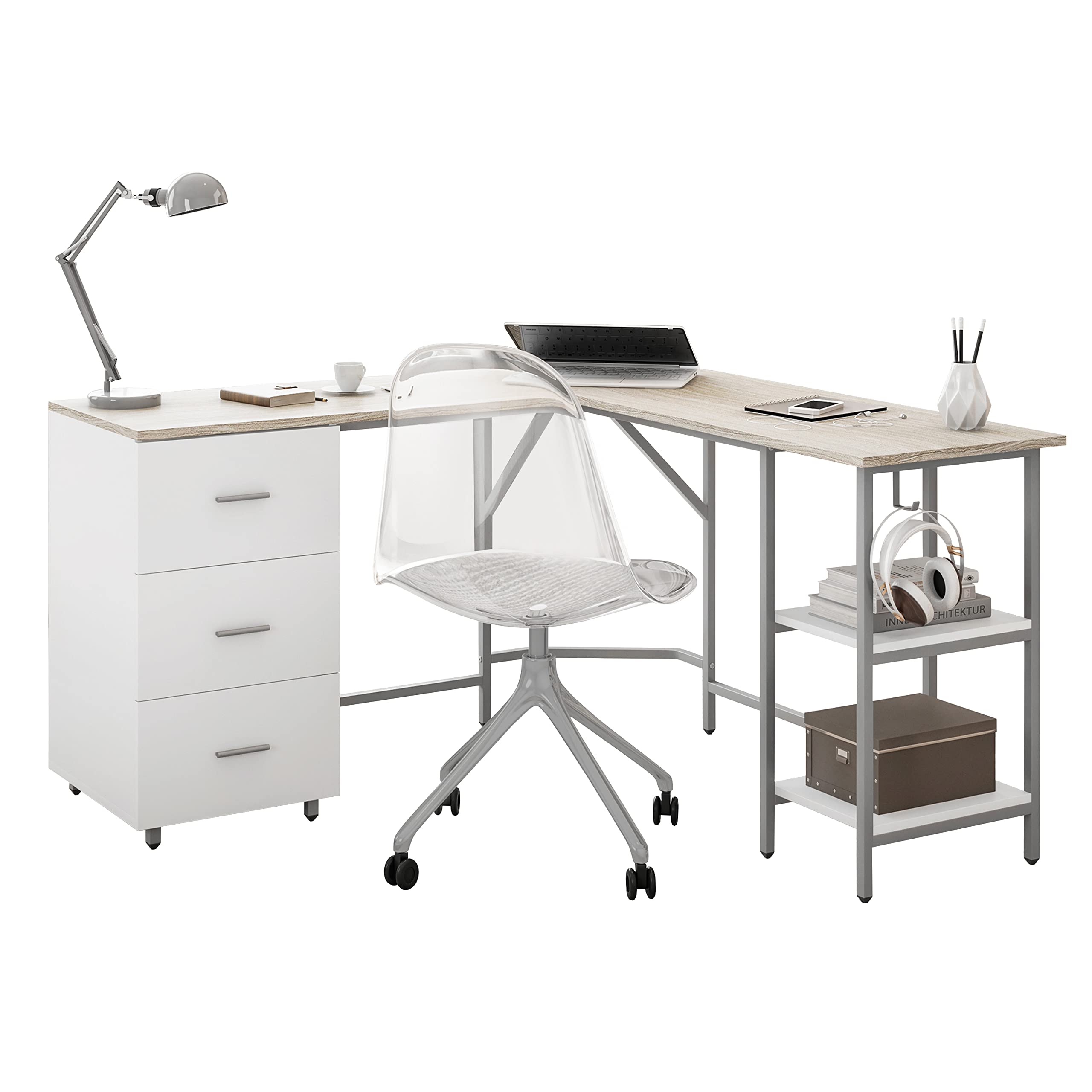 Photo 1 of ******INCOMPLETE ITEM, THIS IS ONLY BOX 2 OUT OF 2******************
 Techni Mobili L Shaped Desk - Two-Toned Computer Desk with Drawers & Storage Shelves - Simple Modern Furniture & Home Office Space Corner Table for Work & Writing