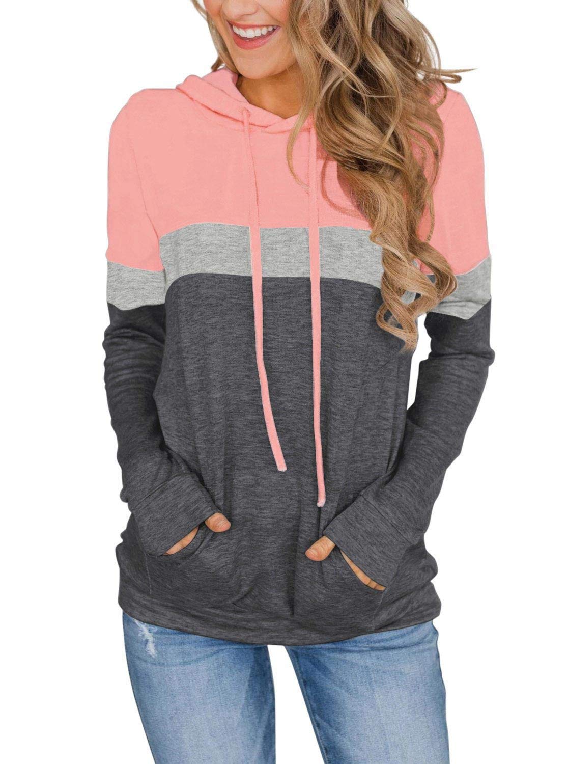 PINKMSTYLEWomen's Casual Color Block Hoodies Tops Long Sleeve Drawstring Pullover Sweatshirts with Pocket(S-XXL)