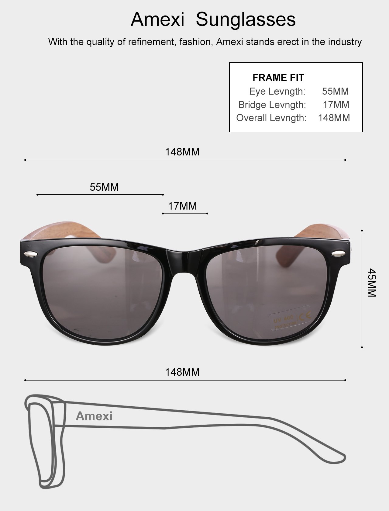 Amexi occhiali da sole in legno UV400 - occhiali con astine in bambù unisex uomo donna - con custodia vintage - diversi colori/Sport Outdoor Sport Pesca Ultra Leggero Occhiali da sole (black)