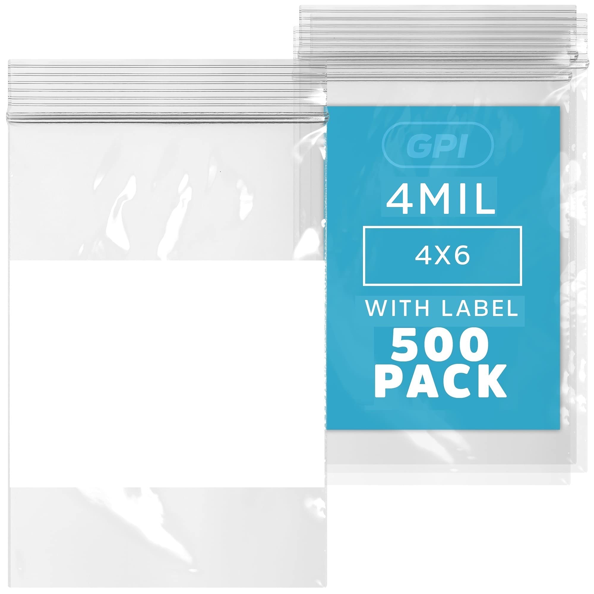 Photo 1 of GPI - 4" x 6" - Bulk Pack of 500, 4 Mil Thick, Heavy Duty, Clear Plastic Reclosable Zip Bags, with Write-on White Block for Labeling, Strong & Durable Poly Baggies with Resealable Zipper Top Lock.
