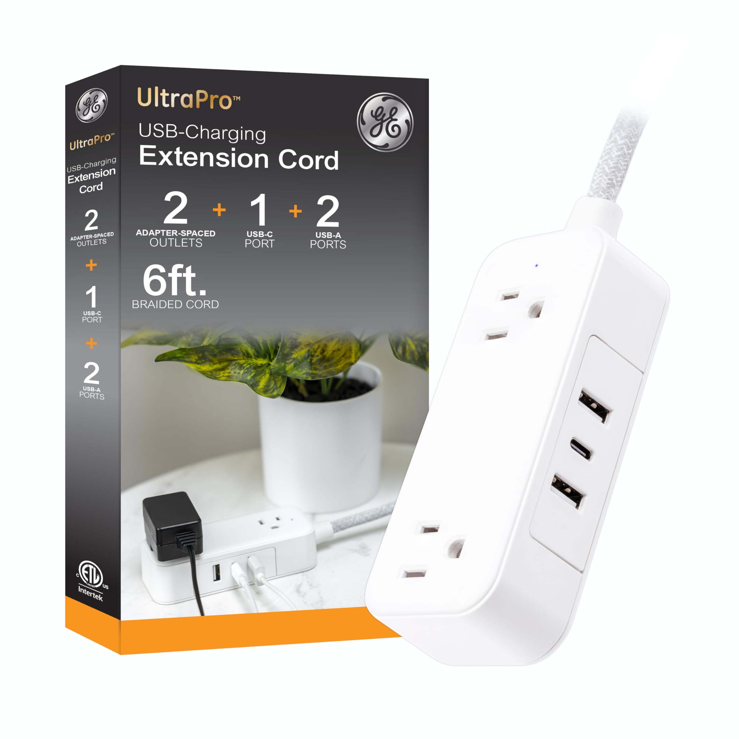 Photo 1 of GE Flat Plug Power Strip Extension Cord with USB Ports, Travel Power Strip with 2 Outlets 3 USB Ports, Cruise Ship Essentials, 6 Ft Braided Small Extension Cord Flat Wall Plug, ETL Listed White, 81597