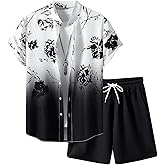 OYOANGLE Men's 2 Piece OutfitsButton Down Short Sleeve Floral Shirt and Drawstring Shorts Summer Beach Sets
