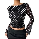 Milumia Women's Polka Dots Mesh Long Sleeve Crop Top Boat Neck Backless Going Out Tee Tops