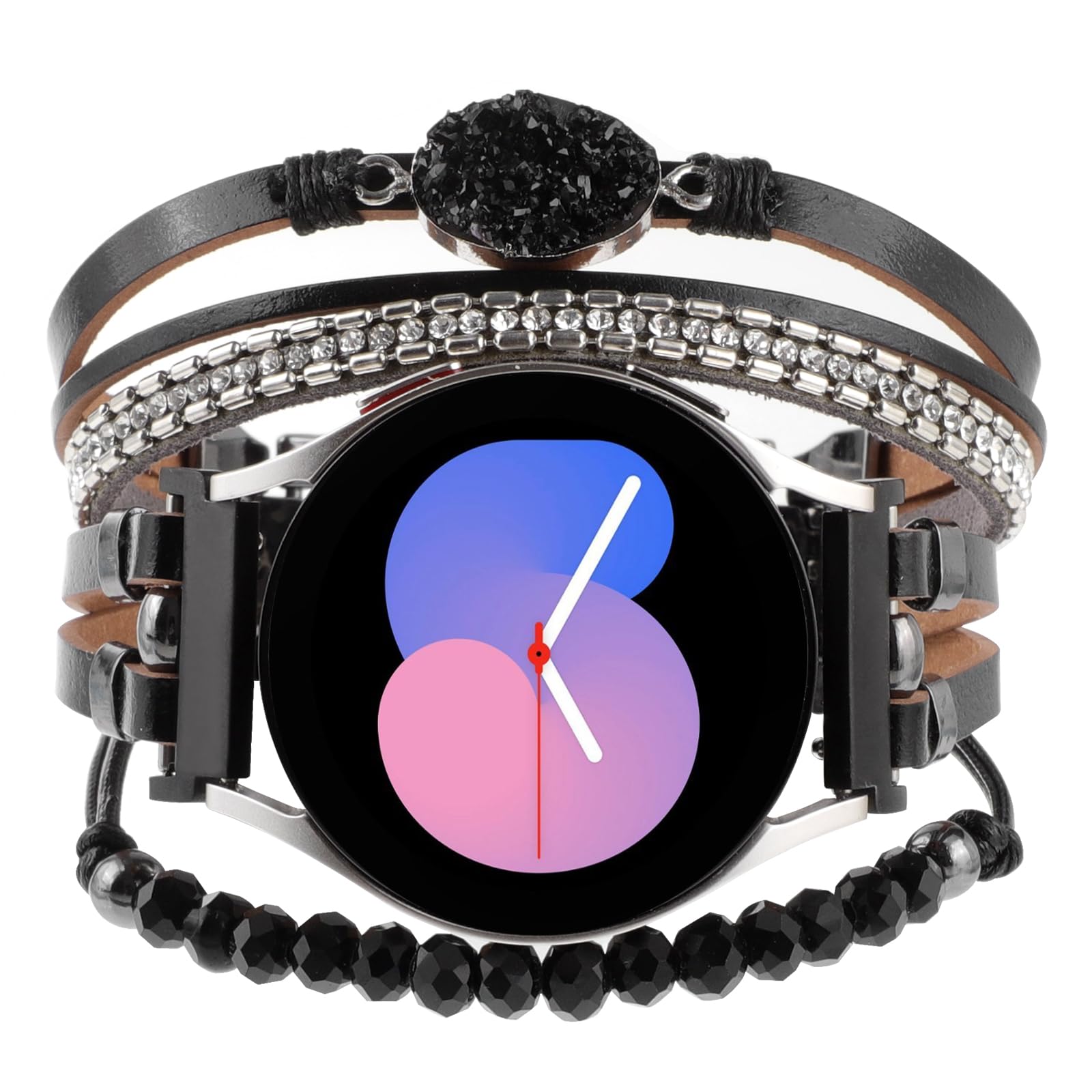 Posh Leather Bands Compatible with Samsung Galaxy Watch 7 6 5 4 40mm 44mm/Watch 6 4 Classic Band 42mm 46mm 43mm 47mm/Galaxy Watch 5 Pro Band 45mm/Active 2, 20mm Boho Bracelet Handmade Strap for Women (Black/Stone)