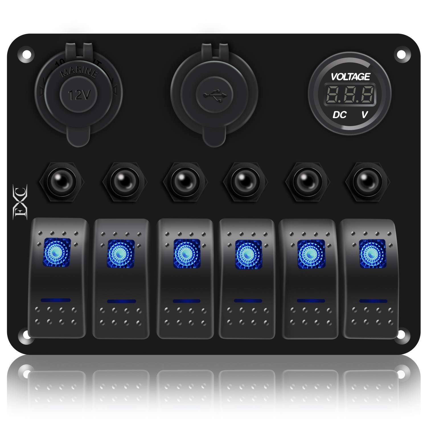 FXC Waterproof Marine Boat Rocker Switch Panel 6 Gang with 3.1A Dual USB Slot Socket + Cigarette Lighter +LED Voltmeter with Overload Protection for Car Rv Vehicles Truck (6 Gang Blue LED) (6 Blue): Industrial & Scientific