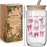 16OZ Pink Bow Glass Cup Christian Gifts for Women Girl Friend, God Says I Am Christian Scripture Prayer, Inspirational Religious Gifts for Her, Coquette Bow Bible Verse Gift for Birthday Christmas