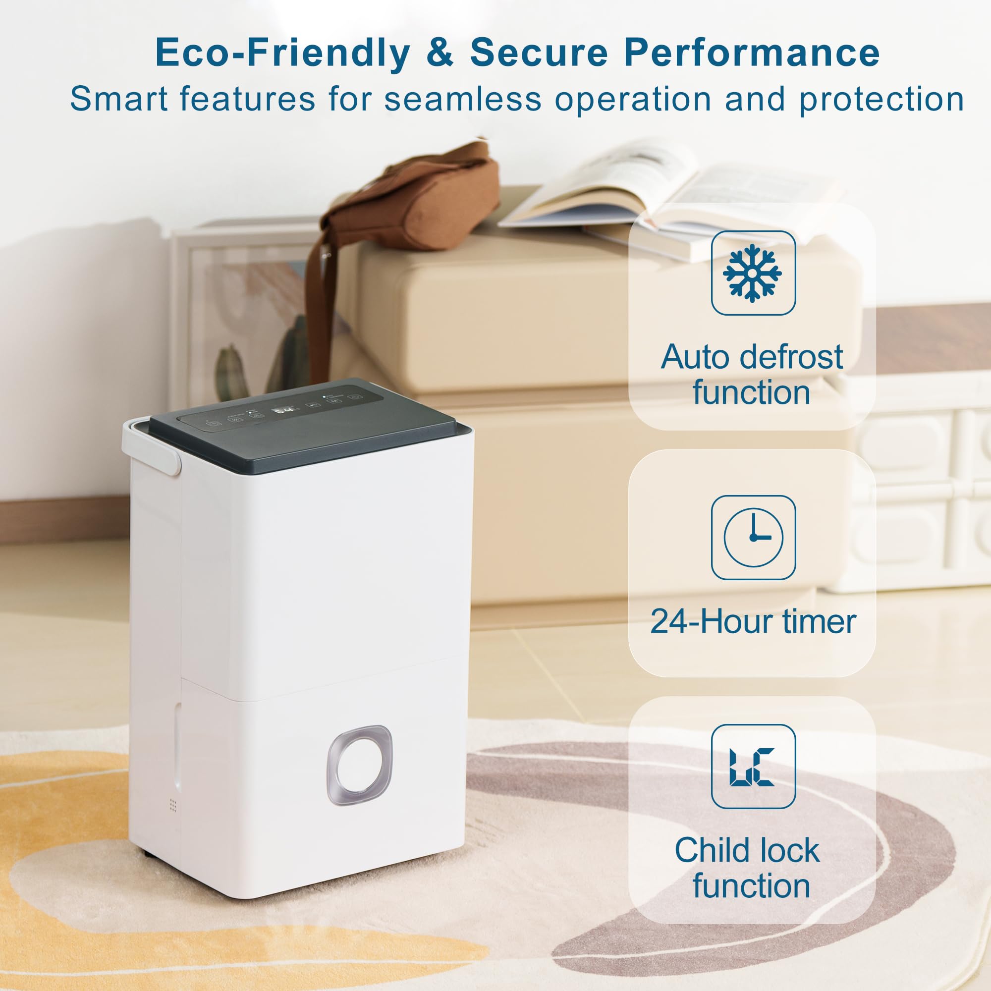 Megonia Elektrischer Luftentfeuchter für Haus: 65L/Tag, Automodus, 4.5L Wassertank mit Ablaufschlauch, Leise Raumentfeuchter für Keller, Büro, Schlafzimmer, Badezimmer, Wohnung, Küche bis 120m² 6